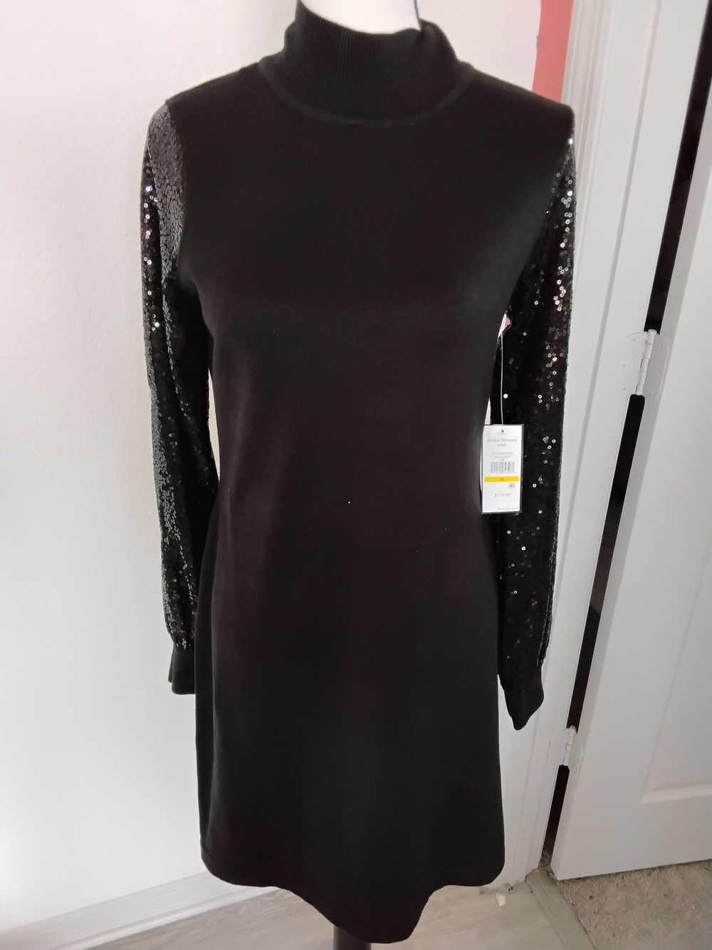 Jessica Howard Black Turtleneck Dress with Sequin Sleeves